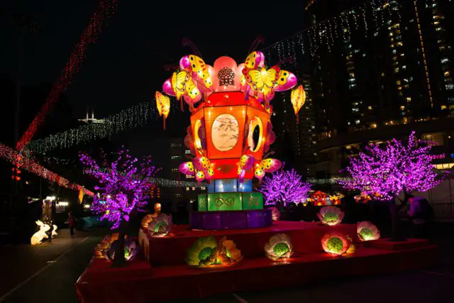 Colorful Lanterns Hong Kong Lantern Festival Colorful Lanterns at the Hong Kong Cultural Centre Piazza lit for Spring Lantern Festival