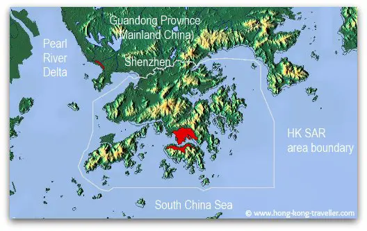 Hong Kong SAR Area boundaries map Clinging to the southern tip of China's Guangdong Province (Canton) and bordering the city of Shenzhen,
Hong Kong lies on the eastern edge of the Pearl River Estuary surrounded by the South China Sea.