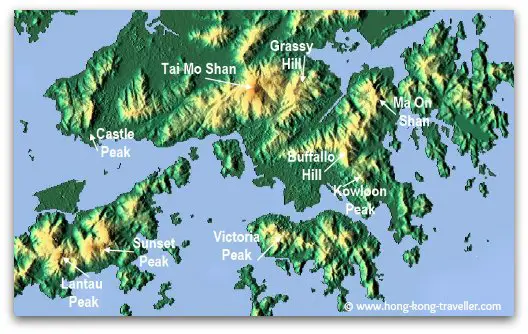 Hong Kong Mountains and Peaks Map Hong Kong Mountains and Peaks Locations: Tai Mo Shan, Lantau Peak, Sunset Peak, Ma on Shan, Grassy Hill, Buffalo Hill, Kowloon Peak, Castle Peak, Victoria Peak