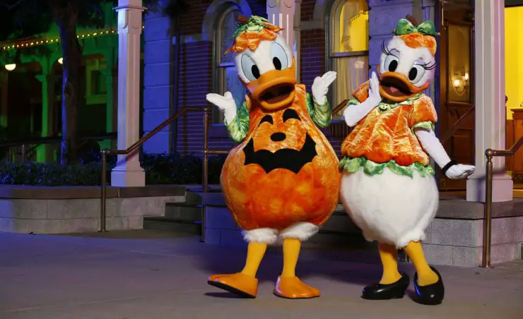 Donald and Daisy in Halloween outfit greet visitors at the entrance Donald and Daisy in Halloween outfit greet visitors at the entrance