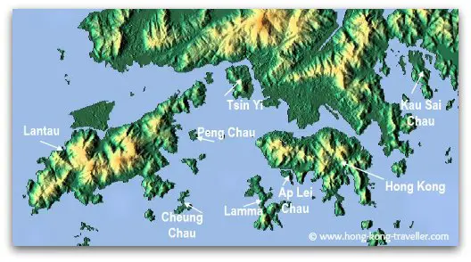 There are over 260 islands in Hong Kong,
these are the main ones: Hong Kong, Lantau, Lamma, Cheung Chau, Peng Chau, Tsing Yi, Ap Lei Chau, Kau Sai Chau