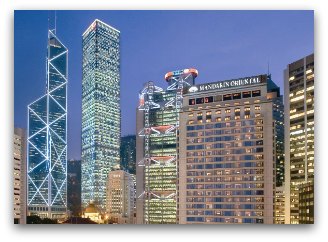 Night view of Mandarin Oriental Hotel in Hong Kong and surrounding cityscape Night view of Mandarin Oriental Hotel in Hong Kong and surrounding cityscape