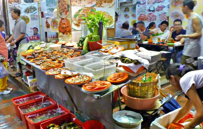 Temple Street Night Market Food Stalls Hong Kong with Sample Foods Temple Street Night Market Food Stalls Hong Kong with Sample Foods, just point